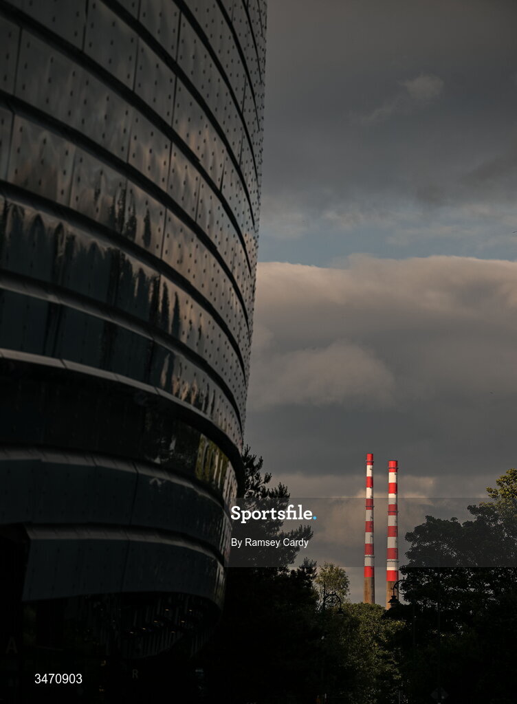 28 May 2026; The Poolbeg Stacks alongside the Aviva Stadium before the international friendly match between Republic of Ireland and Qatar at the Aviva Stadium in Dublin. Photo by Ramsey Cardy/Sportsfile