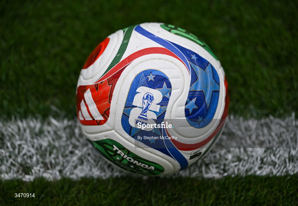 28 May 2026; The Adidas Trionda, the official ball of the 2026 World Cup, before the international friendly match between Republic of Ireland and Qatar at the Aviva Stadium in Dublin. Photo by Stephen McCarthy/Sportsfile