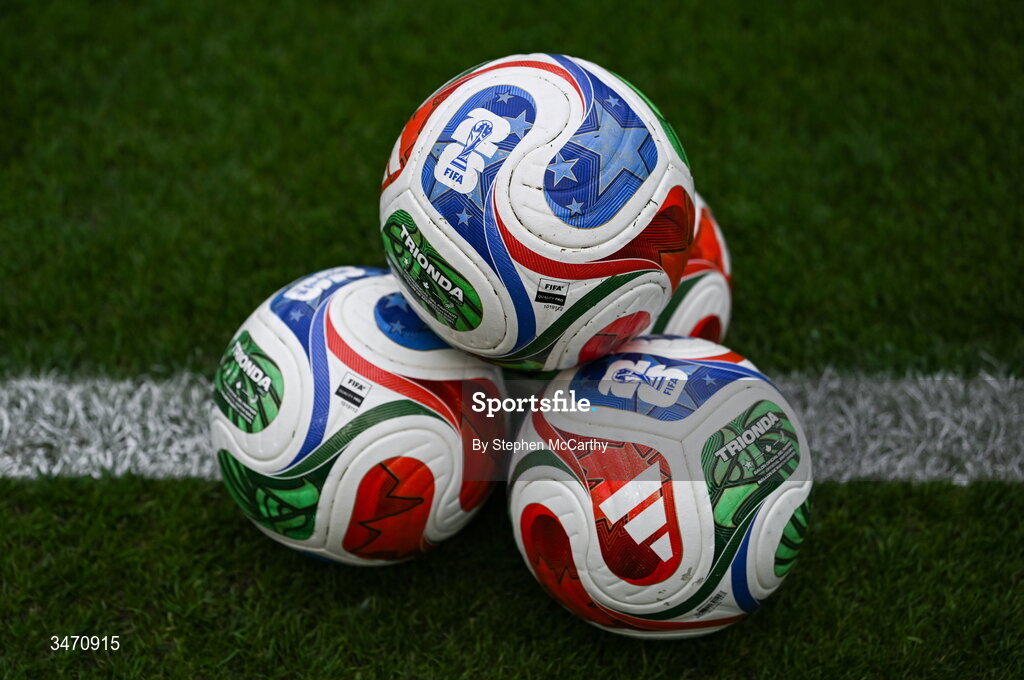 28 May 2026; The Adidas Trionda, the official ball of the 2026 World Cup, before the international friendly match between Republic of Ireland and Qatar at the Aviva Stadium in Dublin. Photo by Stephen McCarthy/Sportsfile