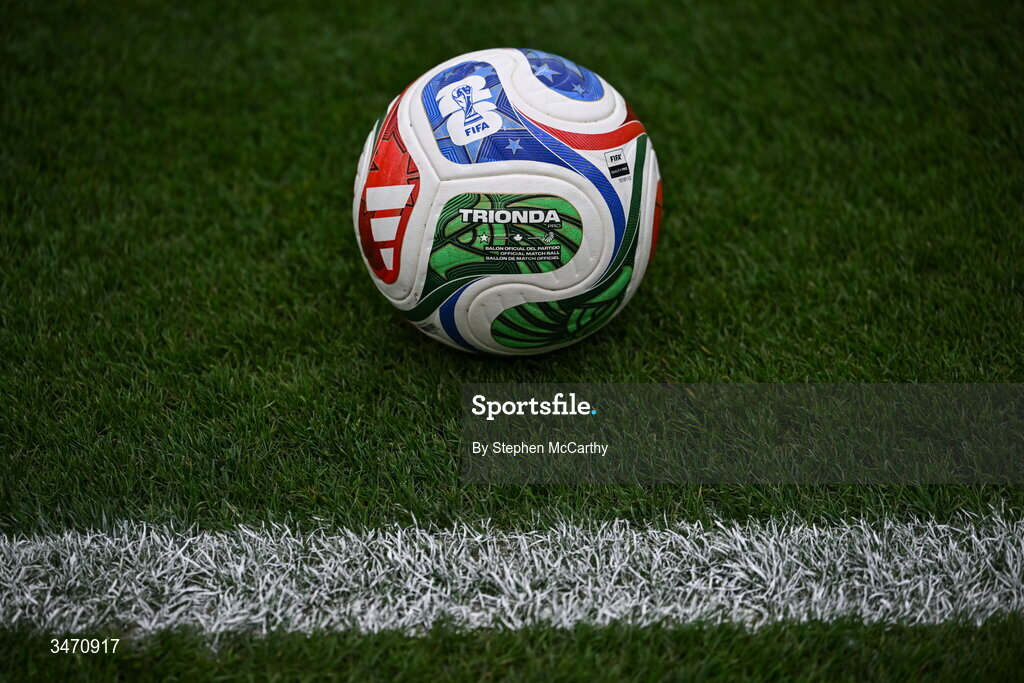 28 May 2026; The Adidas Trionda, the official ball of the 2026 World Cup, before the international friendly match between Republic of Ireland and Qatar at the Aviva Stadium in Dublin. Photo by Stephen McCarthy/Sportsfile