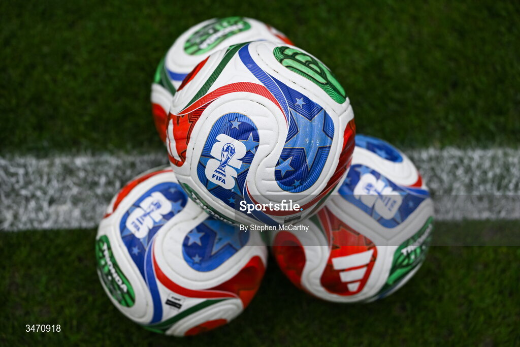 28 May 2026; The Adidas Trionda, the official ball of the 2026 World Cup, before the international friendly match between Republic of Ireland and Qatar at the Aviva Stadium in Dublin. Photo by Stephen McCarthy/Sportsfile