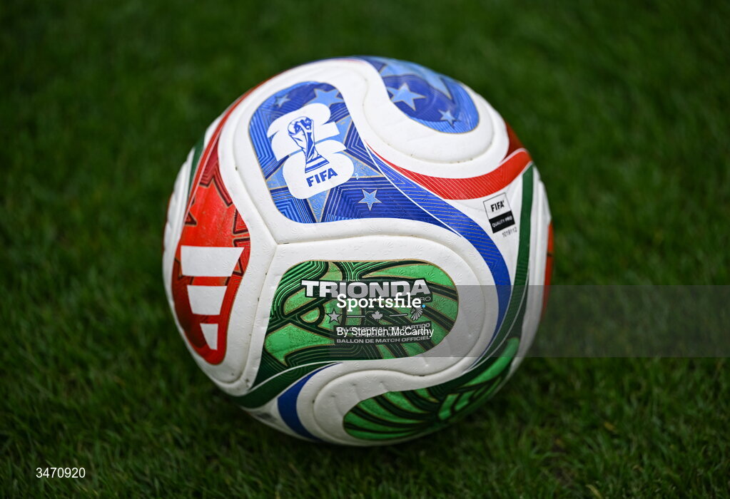 28 May 2026; The Adidas Trionda, the official ball of the 2026 World Cup, before the international friendly match between Republic of Ireland and Qatar at the Aviva Stadium in Dublin. Photo by Stephen McCarthy/Sportsfile