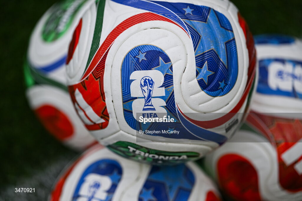 28 May 2026; The Adidas Trionda, the official ball of the 2026 World Cup, before the international friendly match between Republic of Ireland and Qatar at the Aviva Stadium in Dublin. Photo by Stephen McCarthy/Sportsfile