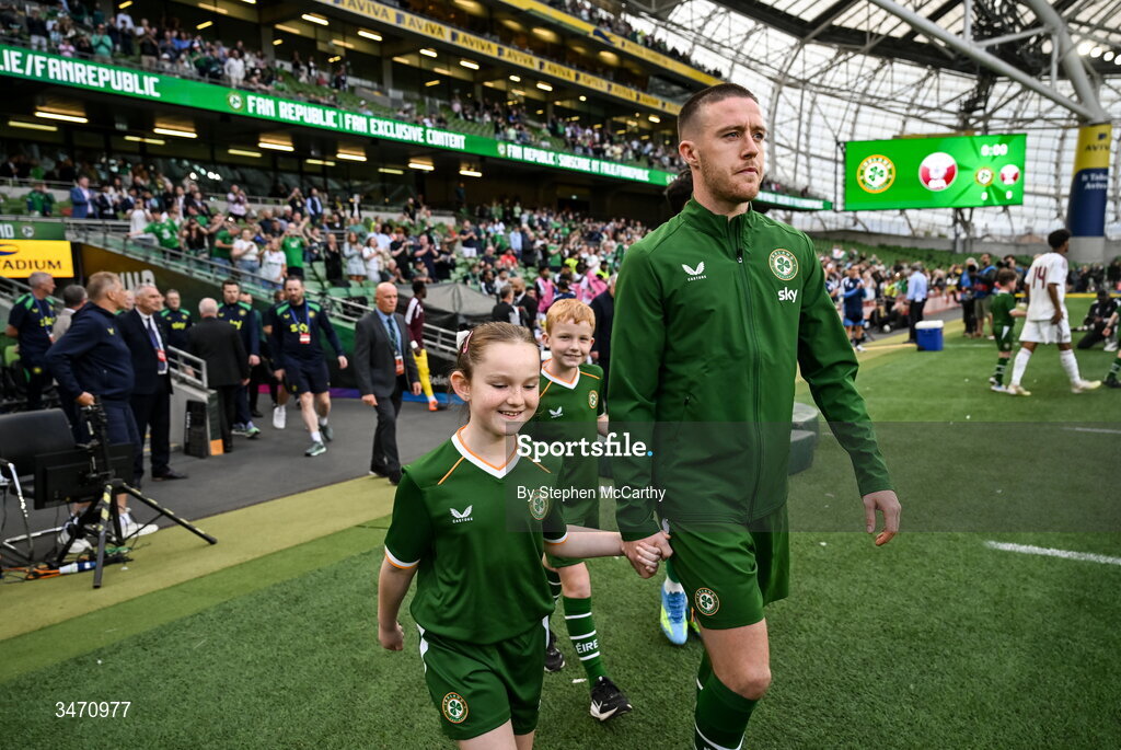 28 May 2026; Jack Moylan of Republic of Ireland walks out for the international friendly match between Republic of Ireland and Qatar at the Aviva Stadium in Dublin. Photo by Stephen McCarthy/Sportsfile