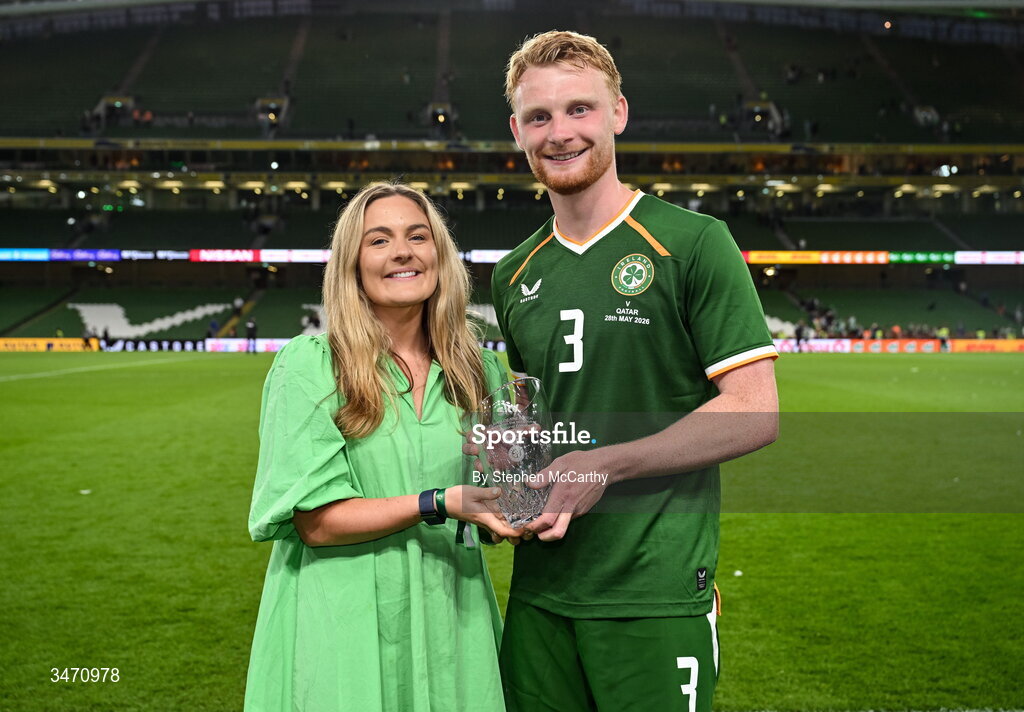 28 May 2026; Liam Scales of Republic of Ireland is presented with the Sky player of the match award by Louise O'Mahony, marketing controller, Sky Ireland, the international friendly match between Republic of Ireland and Qatar at the Aviva Stadium in Dublin.  Photo by Stephen McCarthy/Sportsfile