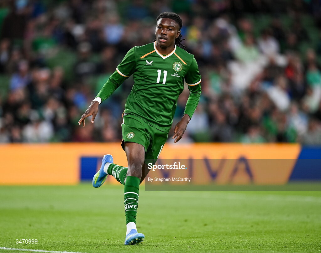 28 May 2026; Jaden Umeh of Republic of Ireland during the international friendly match between Republic of Ireland and Qatar at the Aviva Stadium in Dublin. Photo by Stephen McCarthy/Sportsfile