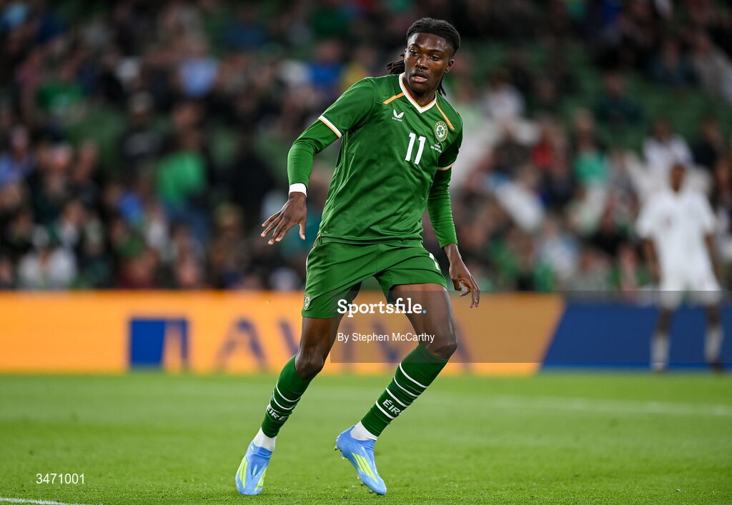 28 May 2026; Jaden Umeh of Republic of Ireland during the international friendly match between Republic of Ireland and Qatar at the Aviva Stadium in Dublin. Photo by Stephen McCarthy/Sportsfile