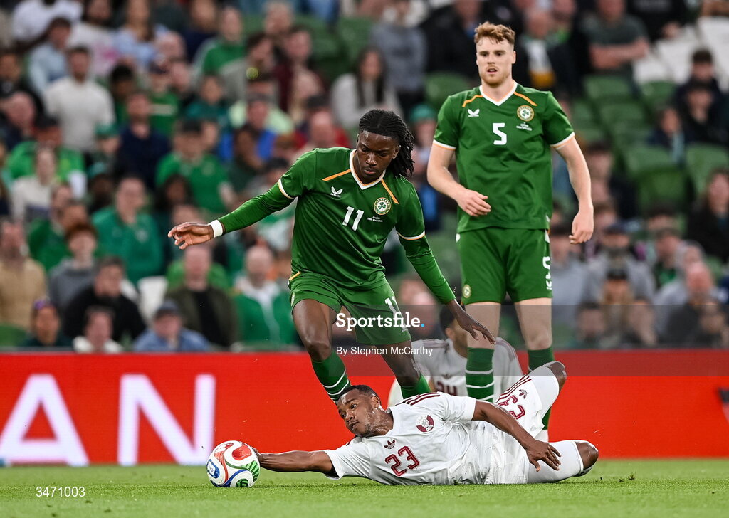 28 May 2026; Jaden Umeh of Republic of Ireland in action against Assim Madibo of Qatar during the international friendly match between Republic of Ireland and Qatar at the Aviva Stadium in Dublin. Photo by Stephen McCarthy/Sportsfile