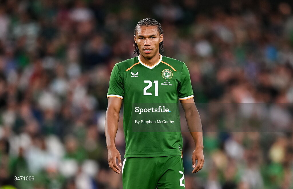 28 May 2026; Corrie Ndaba of Republic of Ireland during the international friendly match between Republic of Ireland and Qatar at the Aviva Stadium in Dublin. Photo by Stephen McCarthy/Sportsfile