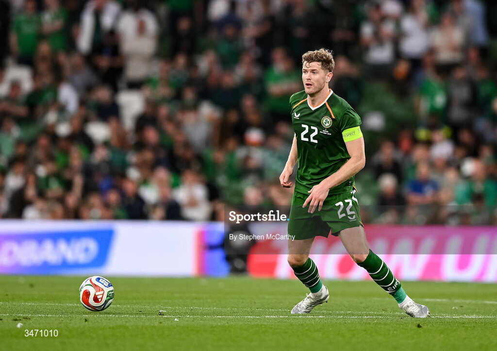 28 May 2026; Nathan Collins of Republic of Ireland during the international friendly match between Republic of Ireland and Qatar at the Aviva Stadium in Dublin. Photo by Stephen McCarthy/Sportsfile