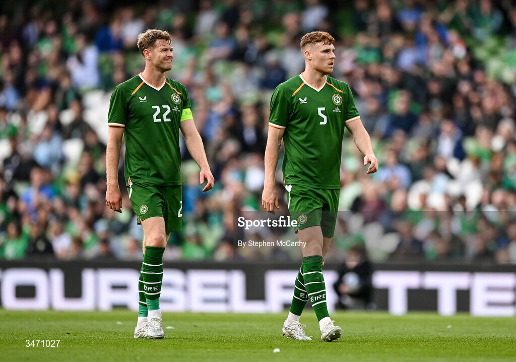28 May 2026; Republic of Ireland's Jake O'Brien, right, and Nathan Collins during the international friendly match between Republic of Ireland and Qatar at the Aviva Stadium in Dublin. Photo by Stephen McCarthy/Sportsfile