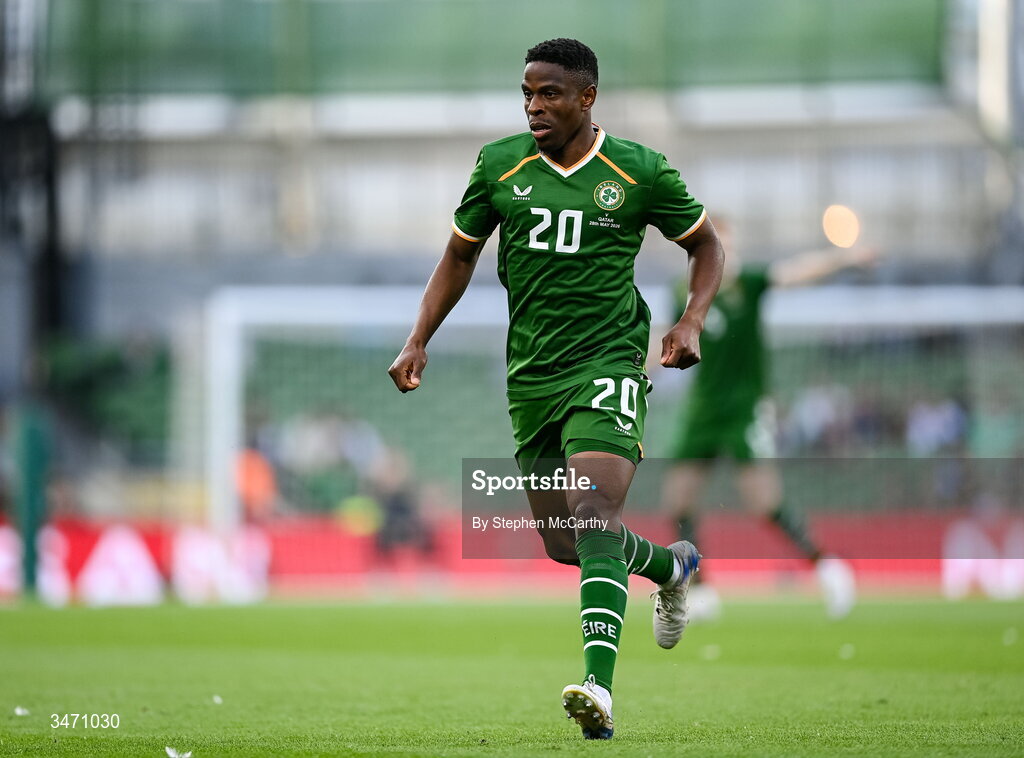 28 May 2026; Chiedozie Ogbene of Republic of Ireland during the international friendly match between Republic of Ireland and Qatar at the Aviva Stadium in Dublin. Photo by Stephen McCarthy/Sportsfile
