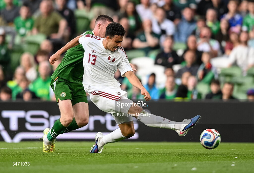 28 May 2026; Ayoub Al-Oui of Qatar in action against Jack Moylan of Republic of Ireland during the international friendly match between Republic of Ireland and Qatar at the Aviva Stadium in Dublin. Photo by Stephen McCarthy/Sportsfile