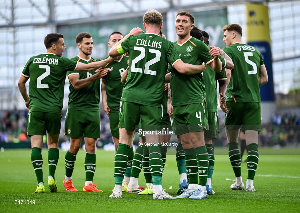 28 May 2026; Nathan Collins of Republic of Ireland is congratulated by team-mate Dara O'Shea, right, after scoring their side's goal during the international friendly match between Republic of Ireland and Qatar at the Aviva Stadium in Dublin. Photo by Stephen McCarthy/Sportsfile