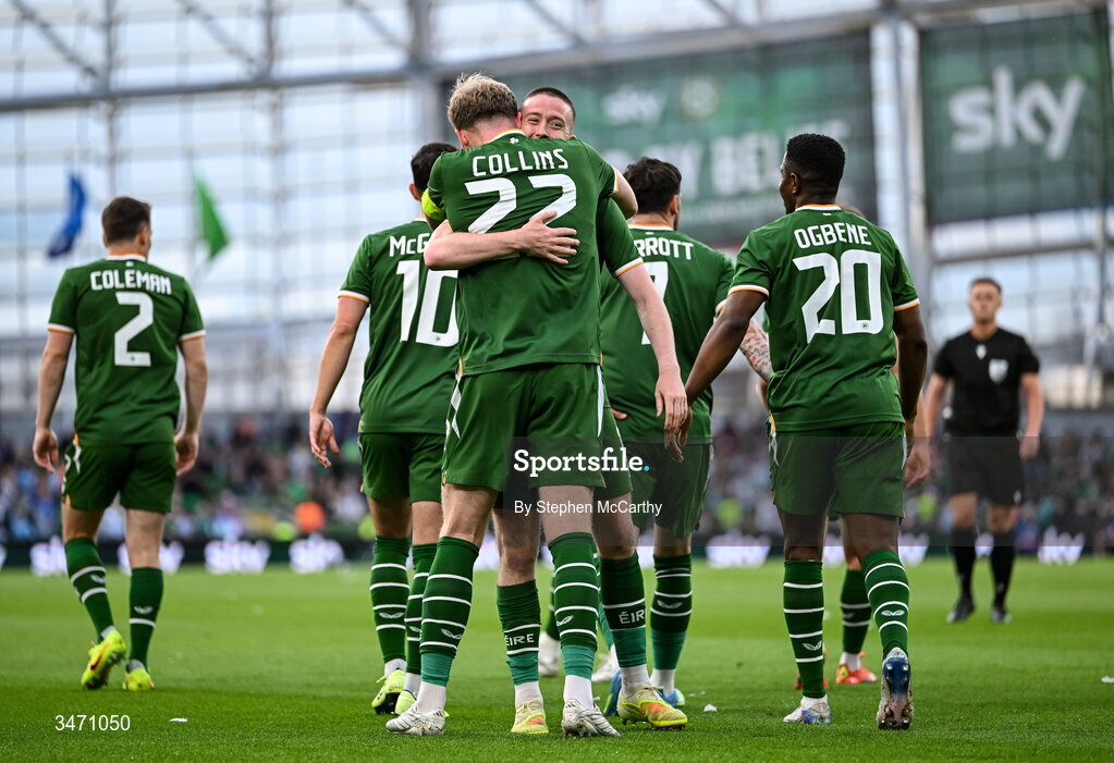 28 May 2026; Nathan Collins of Republic of Ireland is congratulated by team-mate Jack Moylan after scoring their side's goal during the international friendly match between Republic of Ireland and Qatar at the Aviva Stadium in Dublin. Photo by Stephen McCarthy/Sportsfile