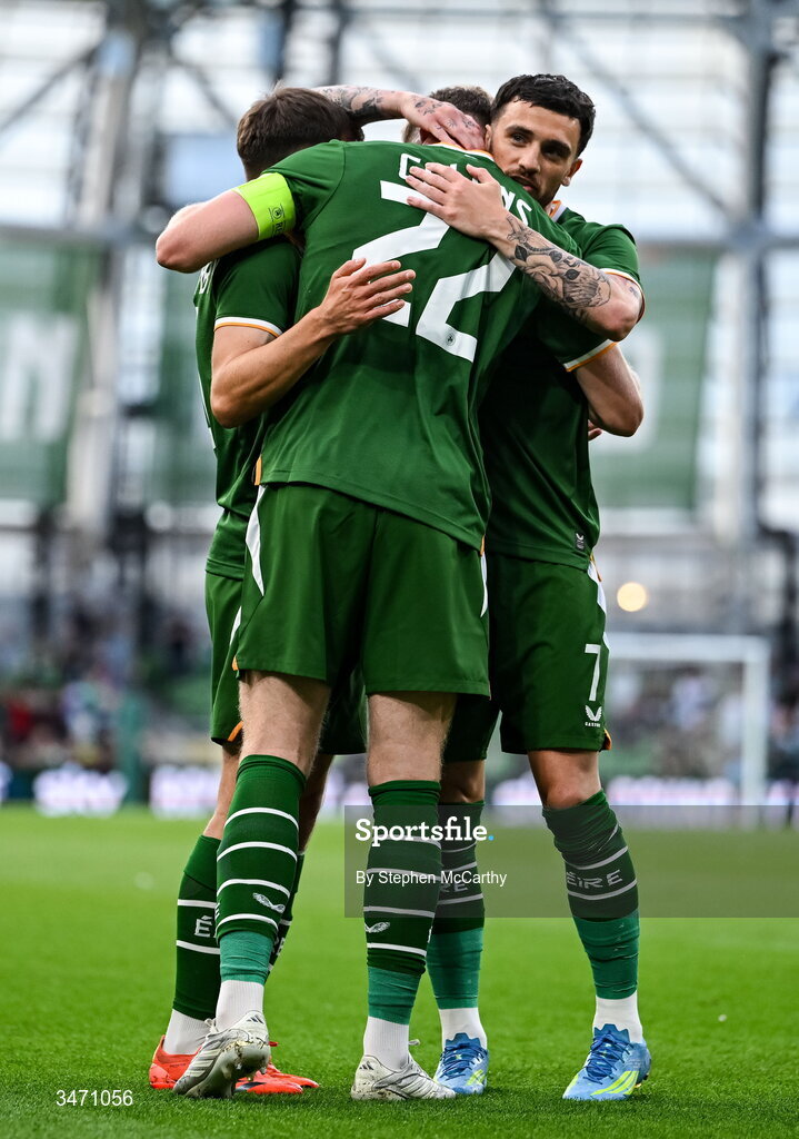 28 May 2026; Nathan Collins of Republic of Ireland is congratulated by team-mate Troy Parrott, right, after scoring their side's goal during the international friendly match between Republic of Ireland and Qatar at the Aviva Stadium in Dublin. Photo by Stephen McCarthy/Sportsfile