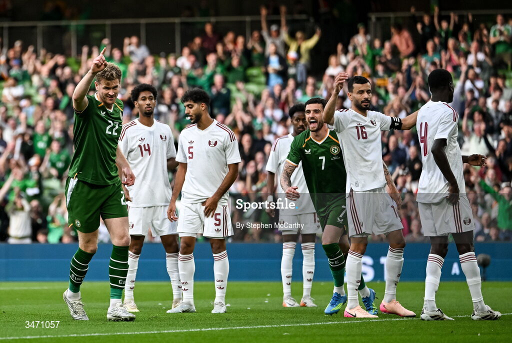 28 May 2026; Nathan Collins of Republic of Ireland celebrates after scoring his side's goal during the international friendly match between Republic of Ireland and Qatar at the Aviva Stadium in Dublin. Photo by Stephen McCarthy/Sportsfile