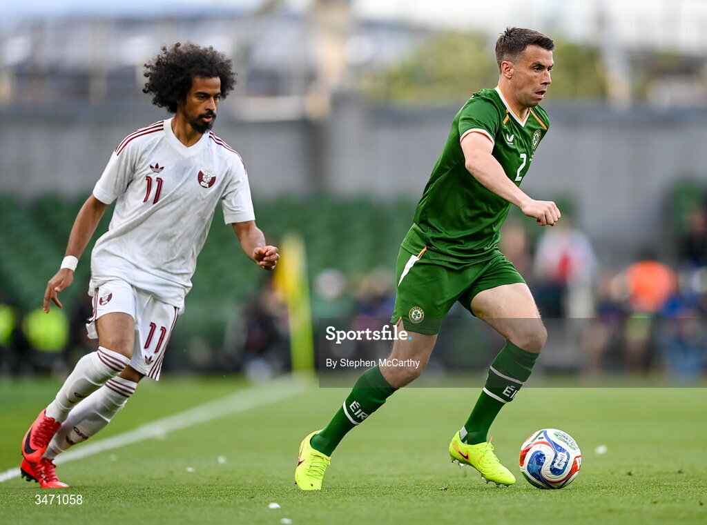 28 May 2026; Seamus Coleman of Republic of Ireland and Akram Afif of Qatar during the international friendly match between Republic of Ireland and Qatar at the Aviva Stadium in Dublin. Photo by Stephen McCarthy/Sportsfile