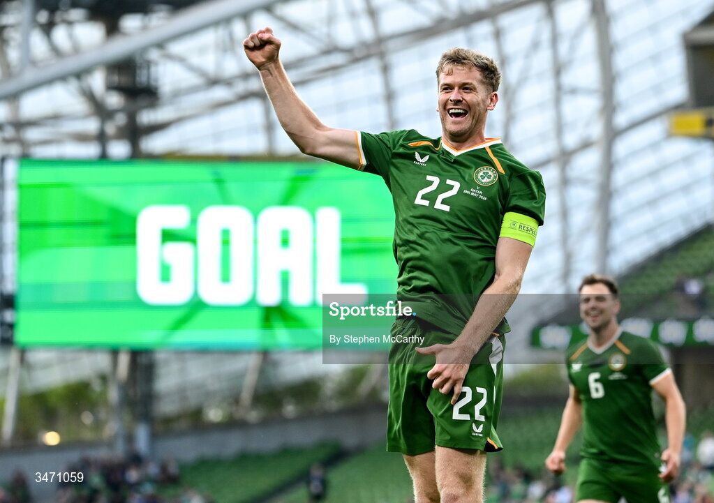 28 May 2026; Nathan Collins of Republic of Ireland celebrates after scoring his side's goal during the international friendly match between Republic of Ireland and Qatar at the Aviva Stadium in Dublin. Photo by Stephen McCarthy/Sportsfile