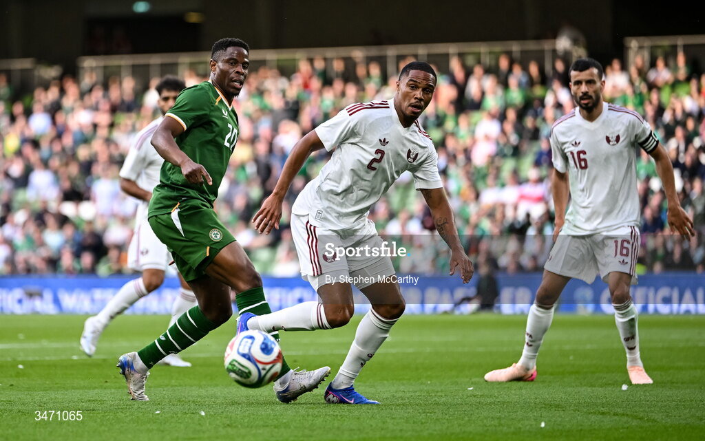 28 May 2026; Chiedozie Ogbene of Republic of Ireland in action against Pedro Miguel of Qatar during the international friendly match between Republic of Ireland and Qatar at the Aviva Stadium in Dublin. Photo by Stephen McCarthy/Sportsfile