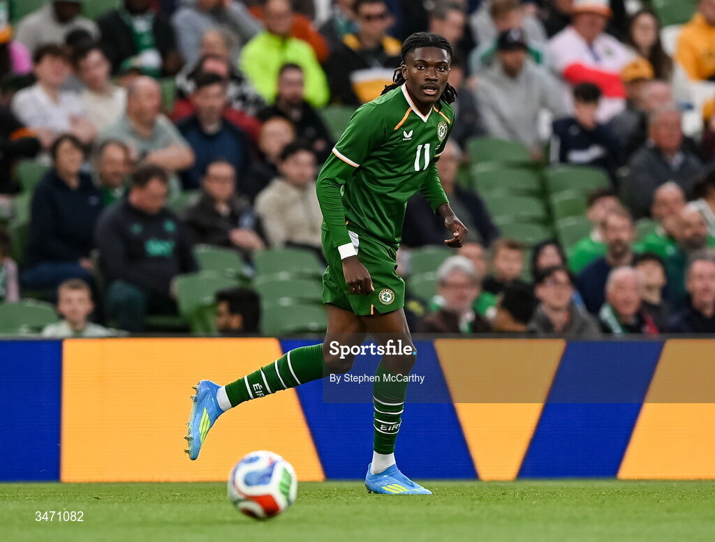 28 May 2026; Jaden Umeh of Republic of Ireland during the international friendly match between Republic of Ireland and Qatar at the Aviva Stadium in Dublin. Photo by Stephen McCarthy/Sportsfile