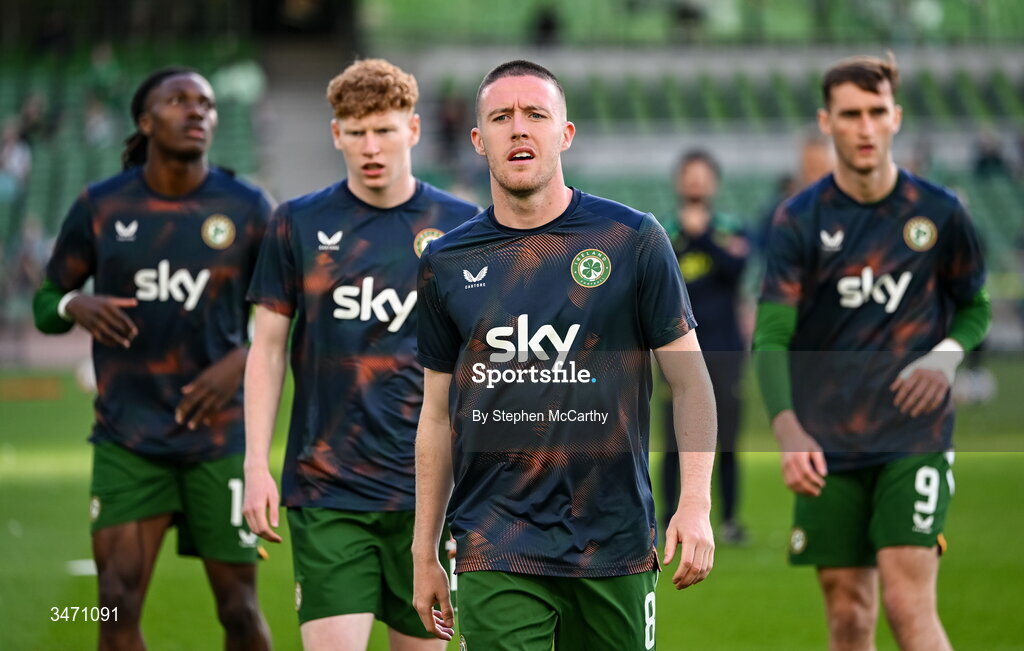28 May 2026; Republic of Ireland's Jack Moylan with, from left, Jaden Umeh, Adam Brennan and Mason Melia before the international friendly match between Republic of Ireland and Qatar at the Aviva Stadium in Dublin. Photo by Stephen McCarthy/Sportsfile