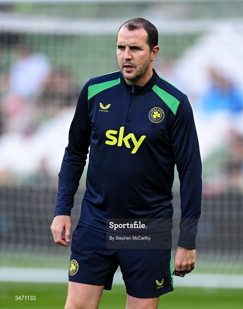28 May 2026; Republic of Ireland assistant head coach John O'Shea during the international friendly match between Republic of Ireland and Qatar at the Aviva Stadium in Dublin. Photo by Stephen McCarthy/Sportsfile