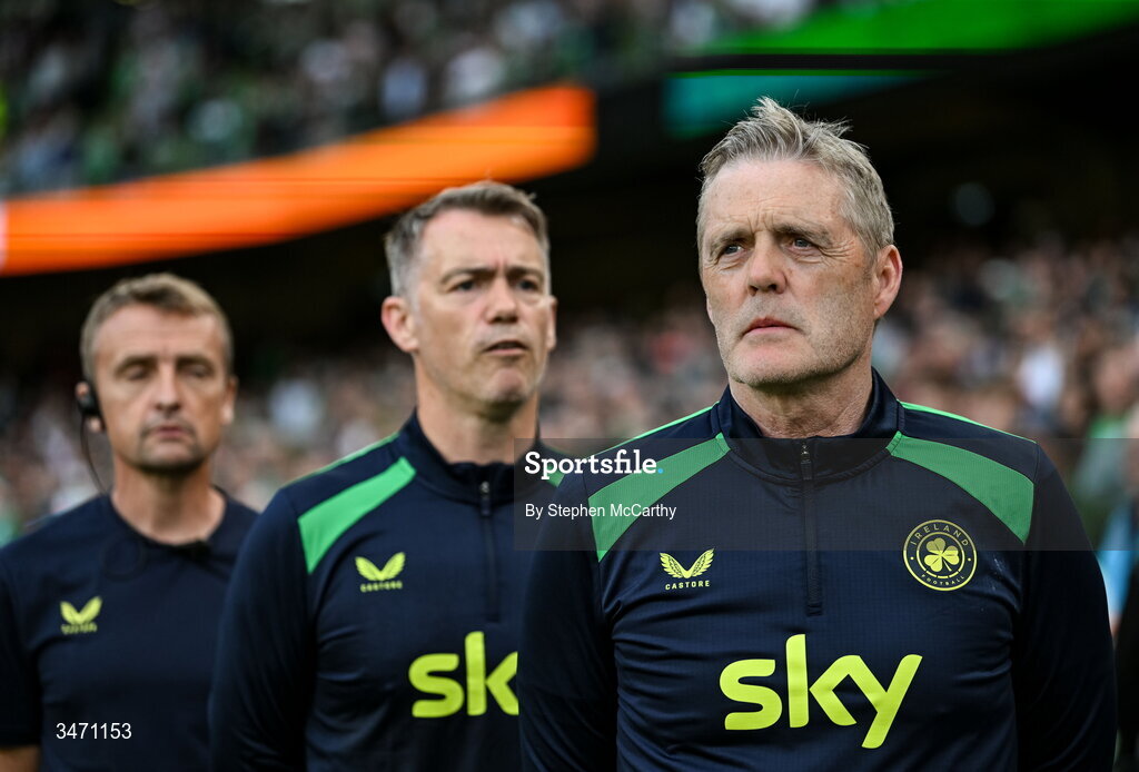 28 May 2026; Republic of Ireland goalkeeping coach Gudmundur Hreidarsson, right, head of athletic performance Damien Doyle and lead physiotherapist Danny Miller, left, during the international friendly match between Republic of Ireland and Qatar at the Aviva Stadium in Dublin. Photo by Stephen McCarthy/Sportsfile