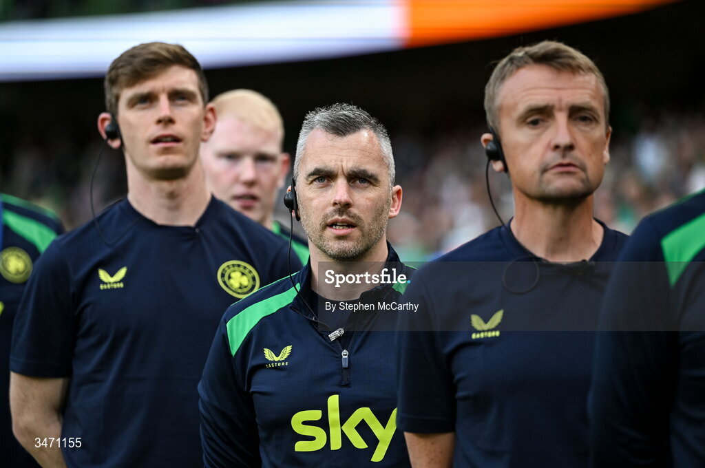 28 May 2026; Republic of Ireland physiotherapist Cian McCaffrey, second from right, with lead physiotherapist Danny Miller, right, and team doctor Sean Carmody, left, during the international friendly match between Republic of Ireland and Qatar at the Aviva Stadium in Dublin. Photo by Stephen McCarthy/Sportsfile
