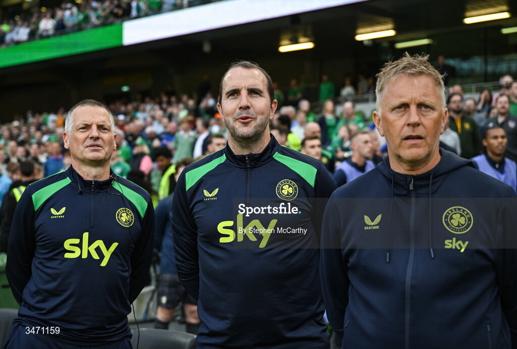 28 May 2026; Republic of Ireland assistant head coach John O'Shea, centre, with head coach Heimir Hallgrimsson and U21's head coach Jim Crawford, left, during the international friendly match between Republic of Ireland and Qatar at the Aviva Stadium in Dublin. Photo by Stephen McCarthy/Sportsfile