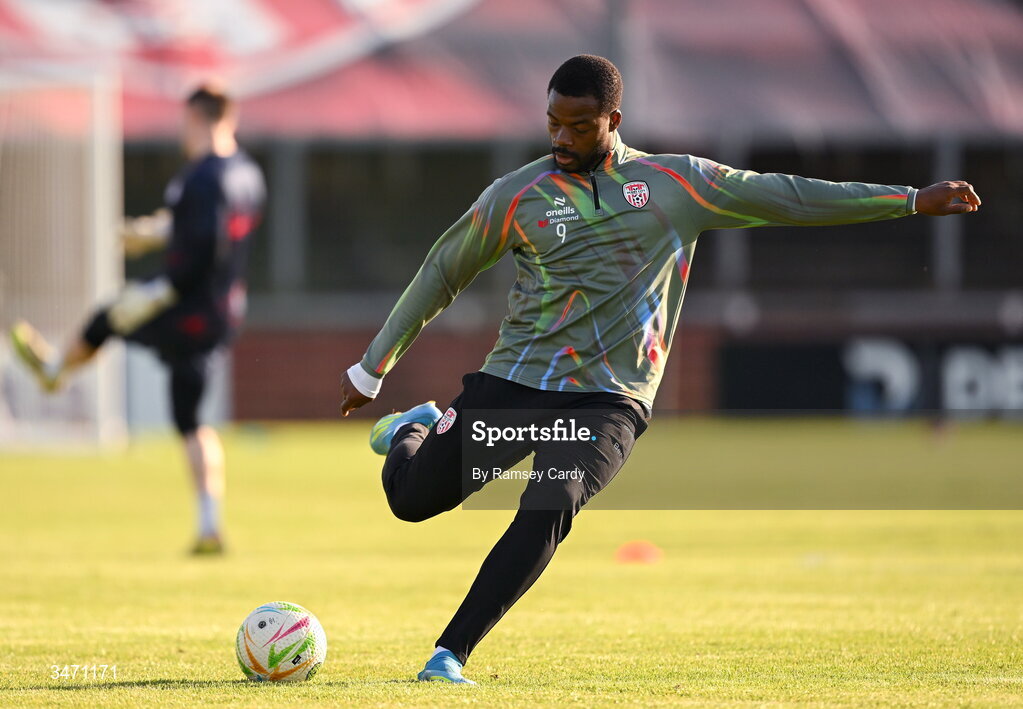 25 May 2026; Dipo Akinyemi of Derry City before the SSE Airtricity Men’s Premier Division match between Derry City and Shelbourne at Find Insurance Celtic Park in Derry. Photo by Ramsey Cardy/Sportsfile