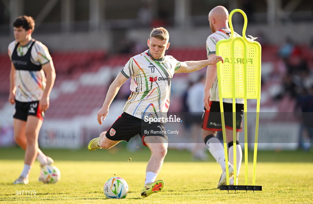 25 May 2026; Josh Thomas of Derry City before the SSE Airtricity Men’s Premier Division match between Derry City and Shelbourne at Find Insurance Celtic Park in Derry. Photo by Ramsey Cardy/Sportsfile