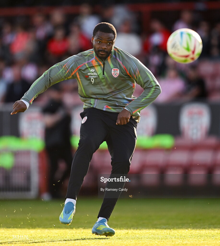 25 May 2026; Dipo Akinyemi of Derry City before the SSE Airtricity Men’s Premier Division match between Derry City and Shelbourne at Find Insurance Celtic Park in Derry. Photo by Ramsey Cardy/Sportsfile