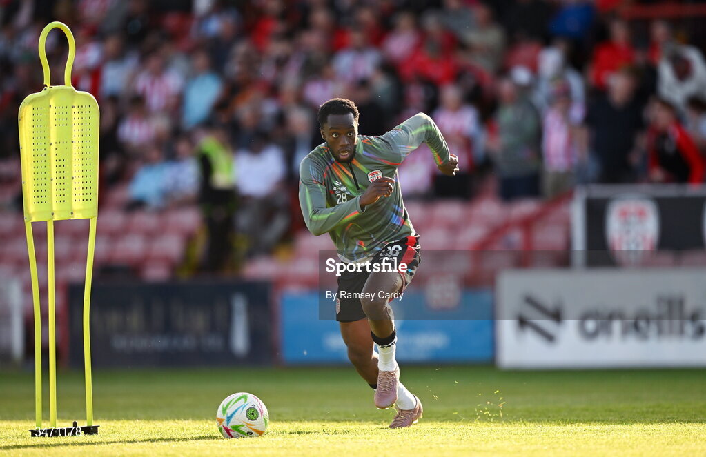 25 May 2026; James Olayinka of Derry City before the SSE Airtricity Men’s Premier Division match between Derry City and Shelbourne at Find Insurance Celtic Park in Derry. Photo by Ramsey Cardy/Sportsfile
