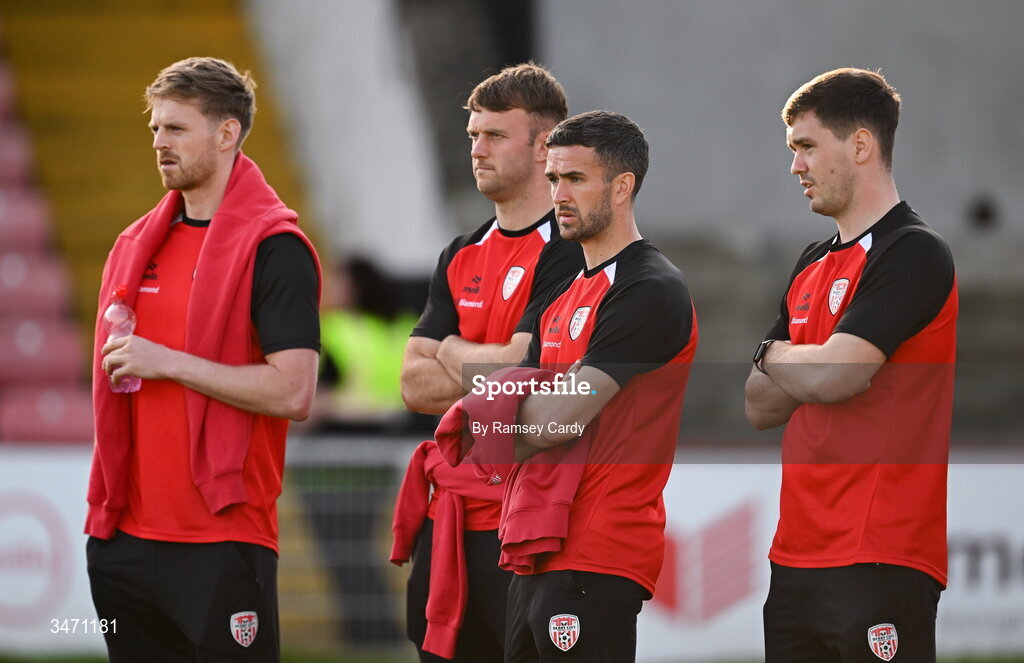25 May 2026; Derry City players, from left, Rob Slevin, Jamie Stott, Michael Duffy and Brian Maher before the SSE Airtricity Men’s Premier Division match between Derry City and Shelbourne at Find Insurance Celtic Park in Derry. Photo by Ramsey Cardy/Sportsfile