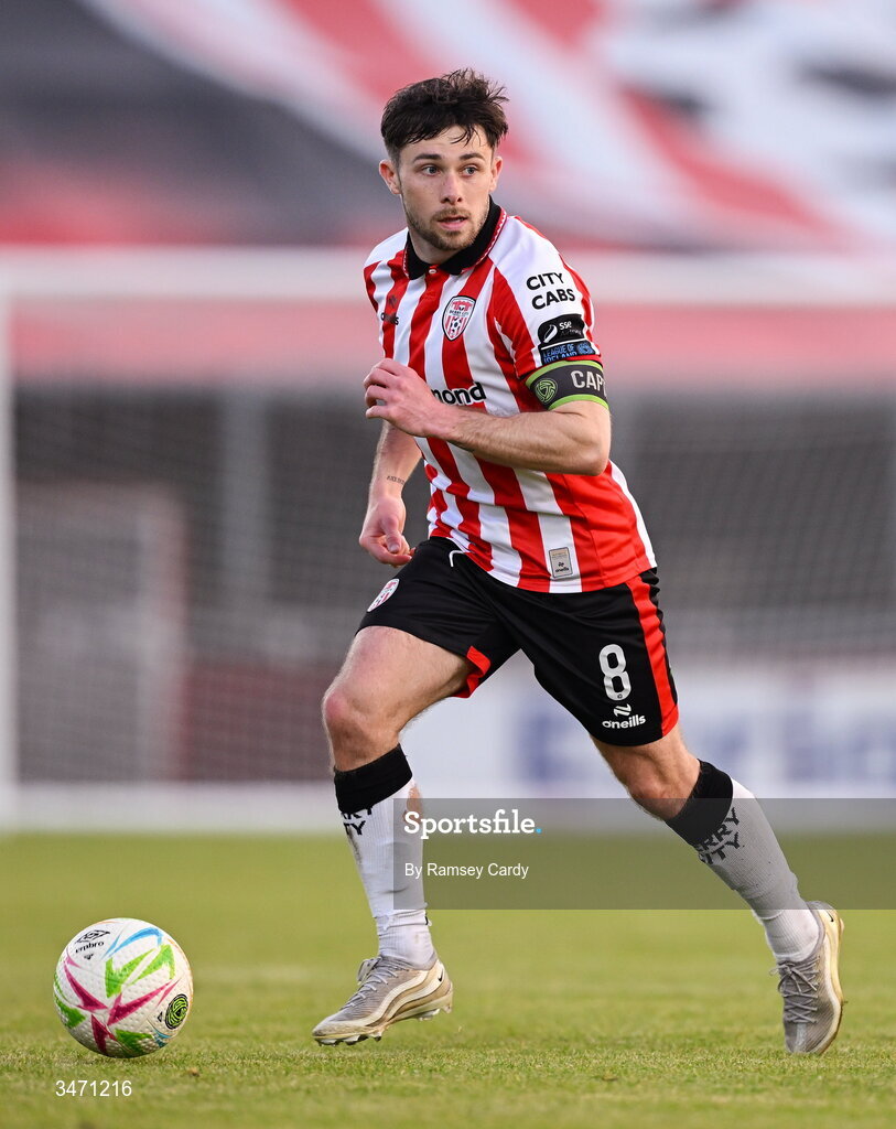 25 May 2026; Adam O'Reilly of Derry City during the SSE Airtricity Men’s Premier Division match between Derry City and Shelbourne at Find Insurance Celtic Park in Derry. Photo by Ramsey Cardy/Sportsfile