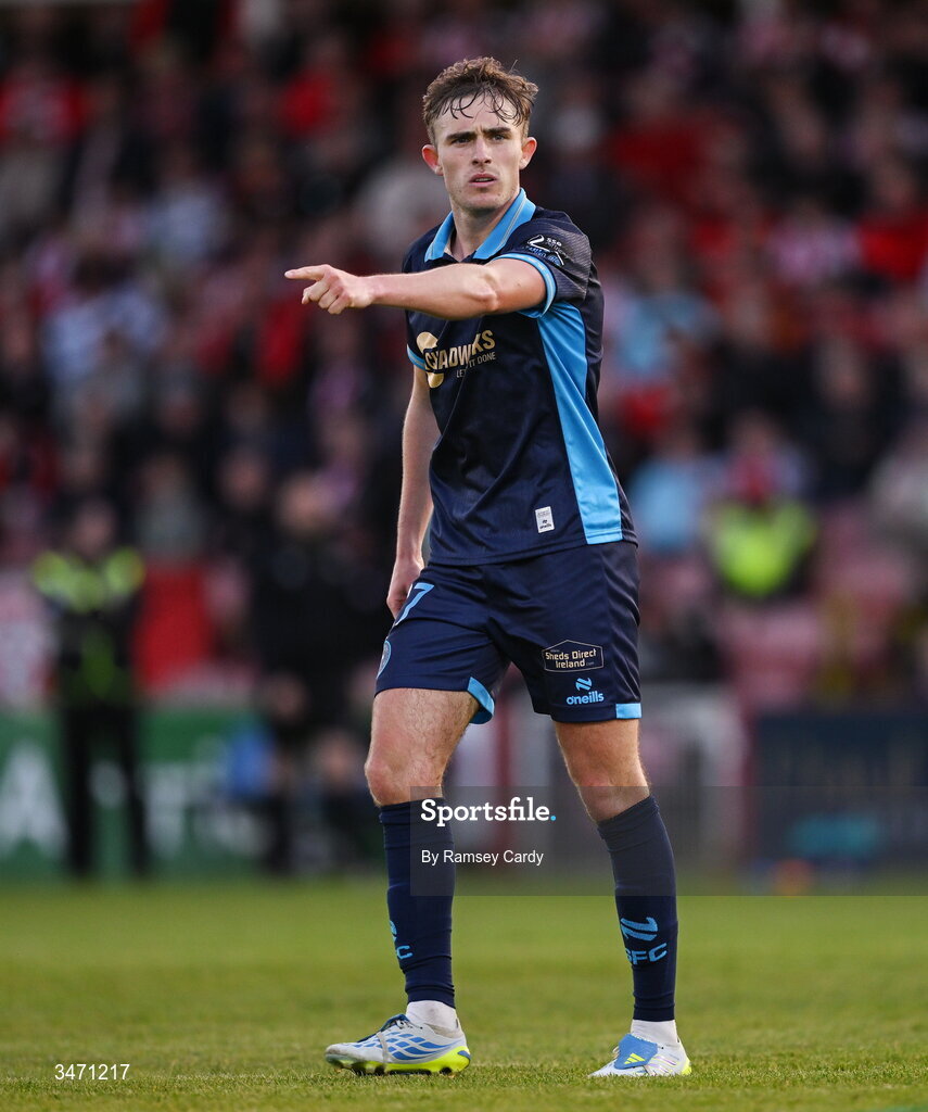 25 May 2026; Evan Caffrey of Shelbourne during the SSE Airtricity Men’s Premier Division match between Derry City and Shelbourne at Find Insurance Celtic Park in Derry. Photo by Ramsey Cardy/Sportsfile