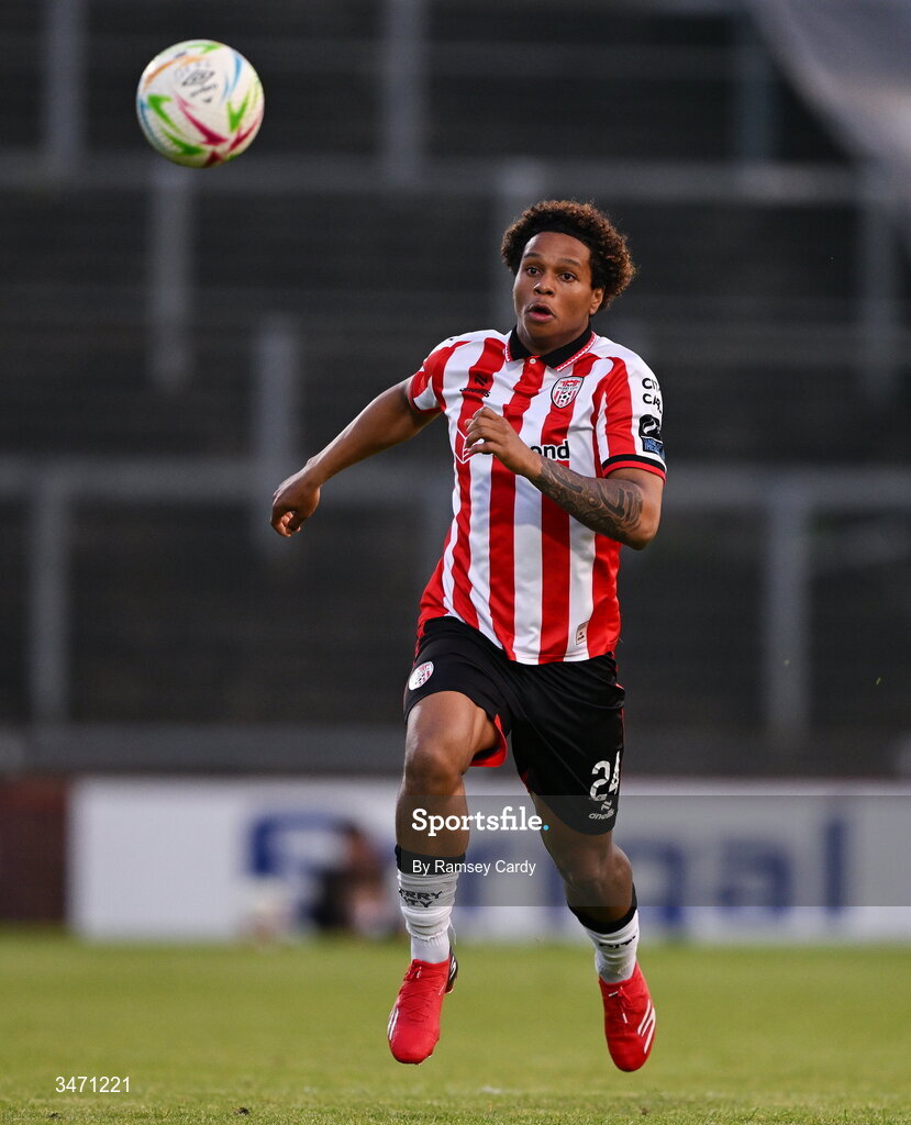 25 May 2026; Henry Rylah of Derry City during the SSE Airtricity Men’s Premier Division match between Derry City and Shelbourne at Find Insurance Celtic Park in Derry. Photo by Ramsey Cardy/Sportsfile