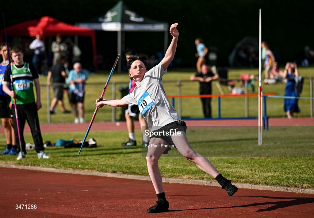 29 May 2026; Ronan Dennigan of CBS Roscommon, Roscommon, competing in the junior boys javelin during day one of the 123.ie All-Ireland Schools' Track and Field Championships at Tullamore Harriers Athletics Club in Offaly. Photo by Paul Phelan/Sportsfile