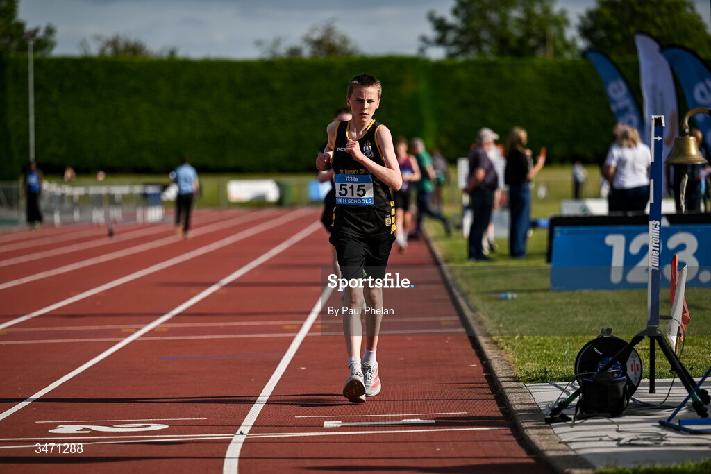 29 May 2026; Gareth Glennon of St. Finians Mullingar, Westmeath, wins the junior boys 1200m walk  during day one of the 123.ie All-Ireland Schools' Track and Field Championships at Tullamore Harriers Athletics Club in Offaly. Photo by Paul Phelan/Sportsfile