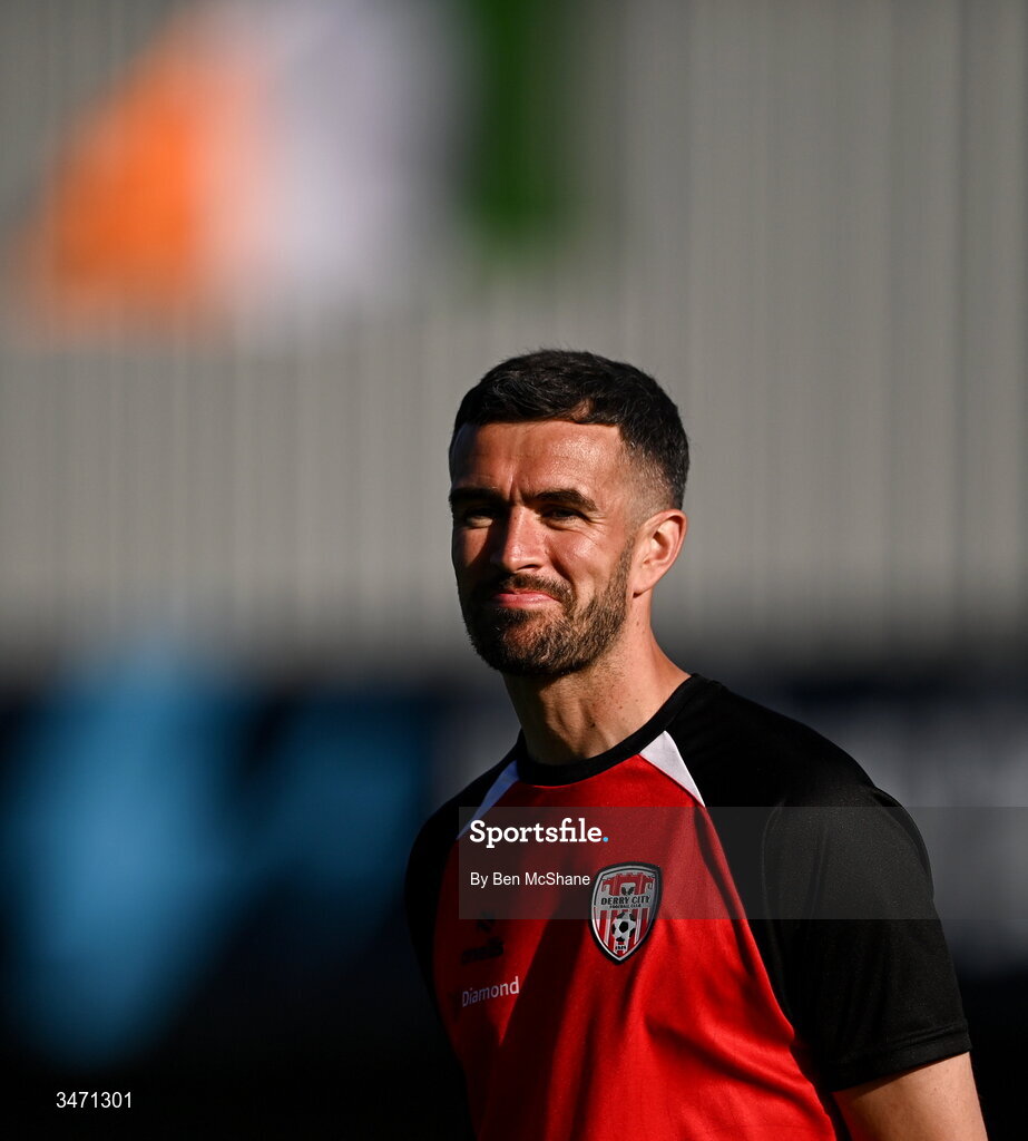 29 May 2026; Michael Duffy of Derry City before the SSE Airtricity Men’s Premier Division match between Dundalk and Derry City at Oriel Park in Dundalk, Louth. Photo by Ben McShane/Sportsfile