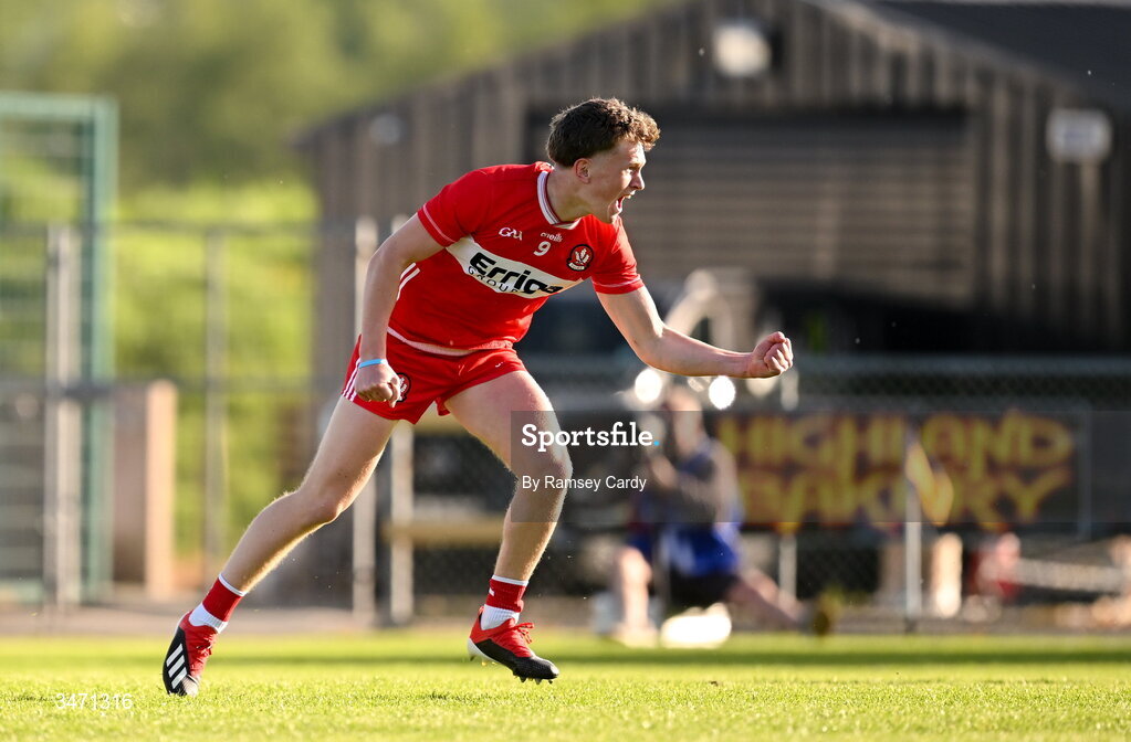 29 May 2026; Conor Kane of Derry celebrates after scoring his side's first goal during the Electric Ireland Ulster GAA Football Minor Championship final match between Derry and Tyrone at O'Donnell Park in Letterkenny, Donegal. Photo by Ramsey Cardy/Sportsfile