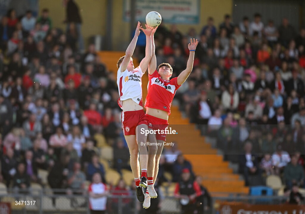 29 May 2026; Gabriel Gormley of Derry in action against Charlie Meenan of Tyrone during the Electric Ireland Ulster GAA Football Minor Championship final match between Derry and Tyrone at O'Donnell Park in Letterkenny, Donegal. Photo by Ramsey Cardy/Sportsfile