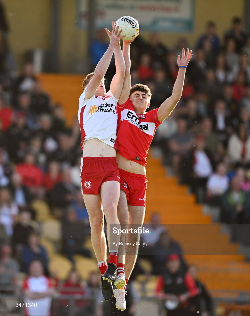 29 May 2026; Gabriel Gormley of Derry in action against Charlie Meenan of Tyrone during the Electric Ireland Ulster GAA Football Minor Championship final match between Derry and Tyrone at O'Donnell Park in Letterkenny, Donegal. Photo by Ramsey Cardy/Sportsfile