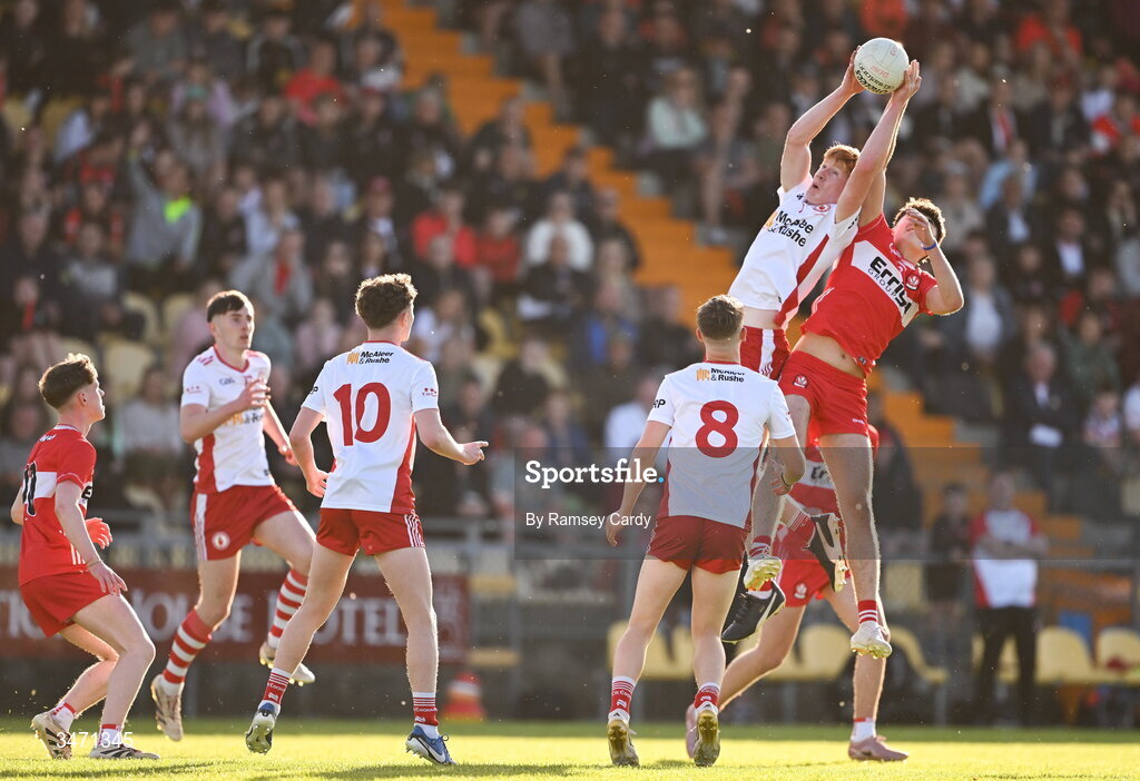29 May 2026; Charlie Meenan of Tyrone in action against Gabriel Gormley of Derry during the Electric Ireland Ulster GAA Football Minor Championship final match between Derry and Tyrone at O'Donnell Park in Letterkenny, Donegal. Photo by Ramsey Cardy/Sportsfile