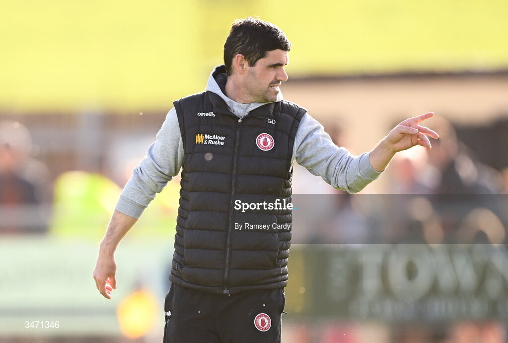 29 May 2026; Tyrone manager Gerard Donnelly during the Electric Ireland Ulster GAA Football Minor Championship final match between Derry and Tyrone at O'Donnell Park in Letterkenny, Donegal. Photo by Ramsey Cardy/Sportsfile