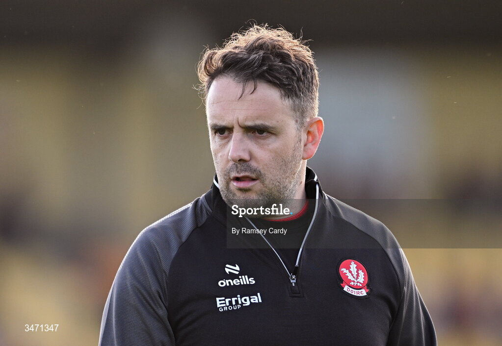29 May 2026; Derry manager Kieran Glackin during the Electric Ireland Ulster GAA Football Minor Championship final match between Derry and Tyrone at O'Donnell Park in Letterkenny, Donegal. Photo by Ramsey Cardy/Sportsfile