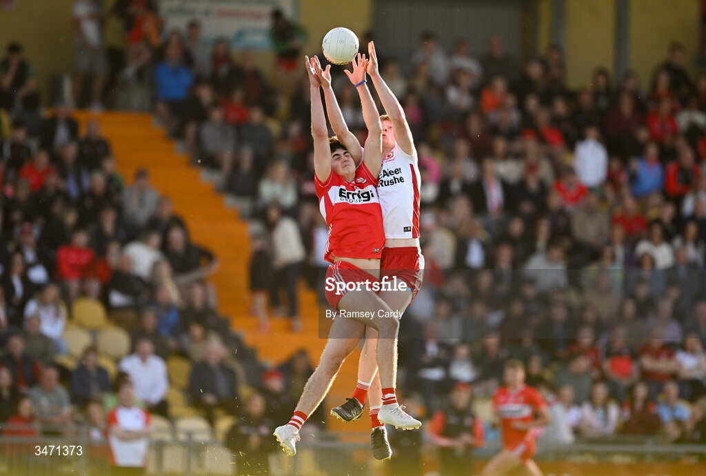 29 May 2026; Gabriel Gormley of Derry in action against Charlie Meenan of Tyrone during the Electric Ireland Ulster GAA Football Minor Championship final match between Derry and Tyrone at O'Donnell Park in Letterkenny, Donegal. Photo by Ramsey Cardy/Sportsfile