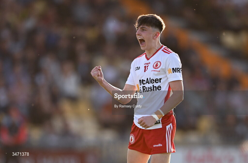 29 May 2026; Conan Canavan of Tyrone celebrates a score by Matthew J Daly during the Electric Ireland Ulster GAA Football Minor Championship final match between Derry and Tyrone at O'Donnell Park in Letterkenny, Donegal. Photo by Ramsey Cardy/Sportsfile