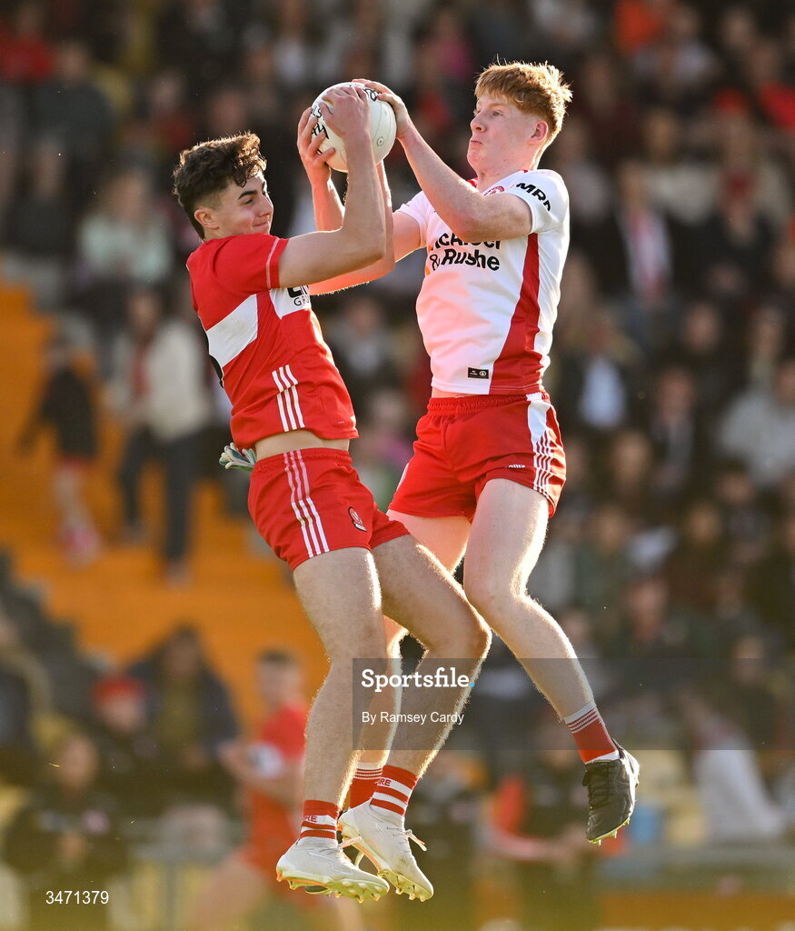 29 May 2026; Gabriel Gormley of Derry in action against Charlie Meenan of Tyrone during the Electric Ireland Ulster GAA Football Minor Championship final match between Derry and Tyrone at O'Donnell Park in Letterkenny, Donegal. Photo by Ramsey Cardy/Sportsfile